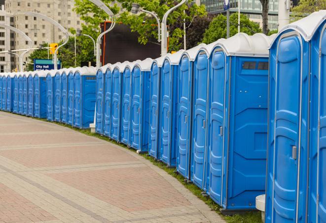 Seasonal porta potty units set up at a Akron, Ohio venue